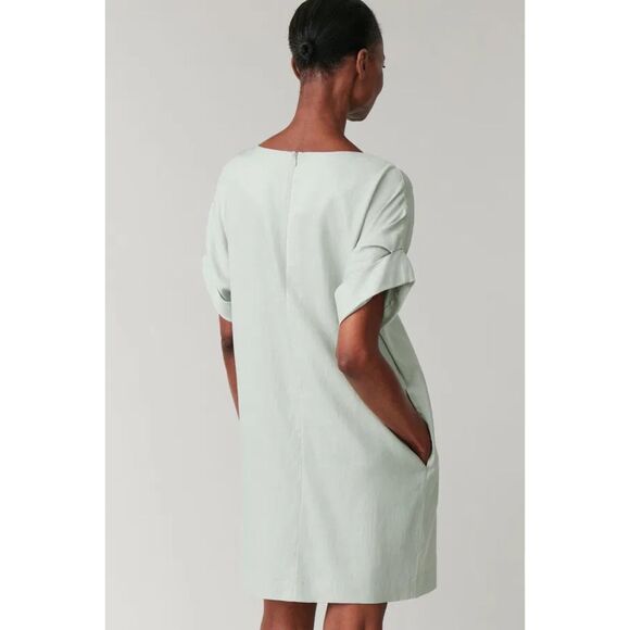 COS Cupro Cotton Short Roll Sleeve Crew Neck Shift Dress in Celadon Green Size 6 - Picture 3 of 13